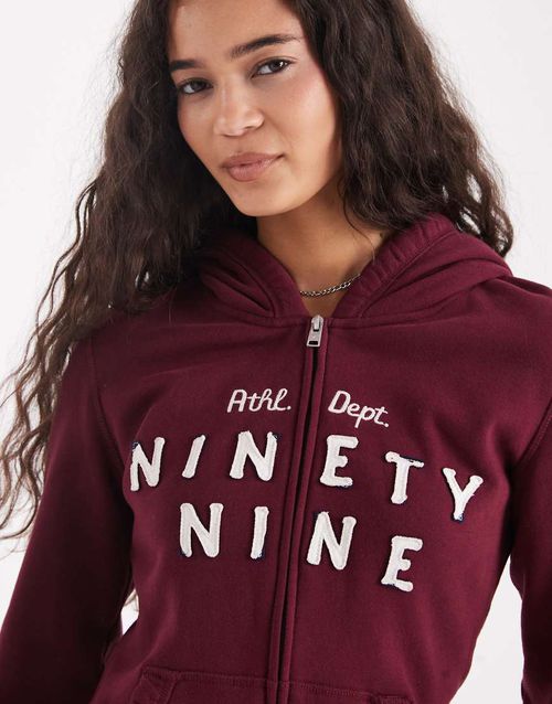 Double zip graphic hooded jumper in burgundy-Red