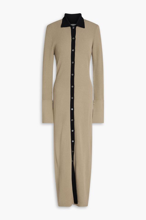 Two-tone ribbed-knit midi shirt dress - Green - S