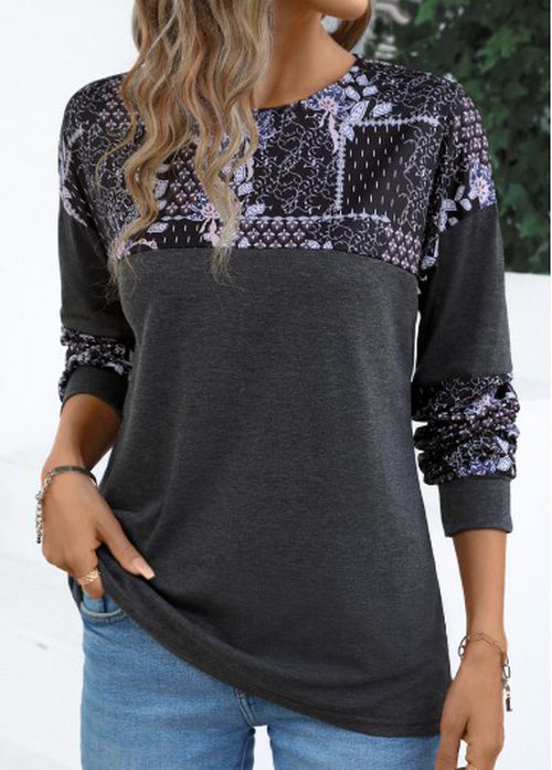 Modlily Dark Grey Patchwork Tribal Print Long Sleeve T Shirt