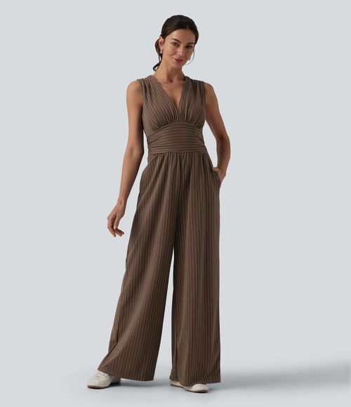 V Neck Sleeveless Ruched Stripes Work Jumpsuit with Pockets-Easy Peezy  - Espresso Cream Stripe