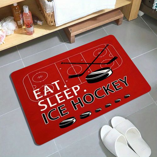 TEMU Ice Hockey Themed Flannel Area Rug - 100% Polyester, Non-slip, Thick Sponge, Machine Washable, Versatile For Living Room, Office, Bedroo