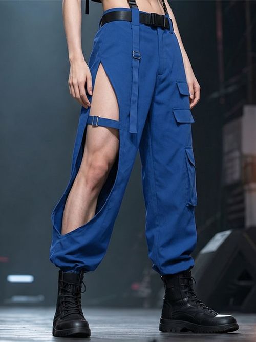 Men's Avant-Garde High Side Slit Cut Out Tactical Cargo Jogger Pant SKUL70351 - Blue