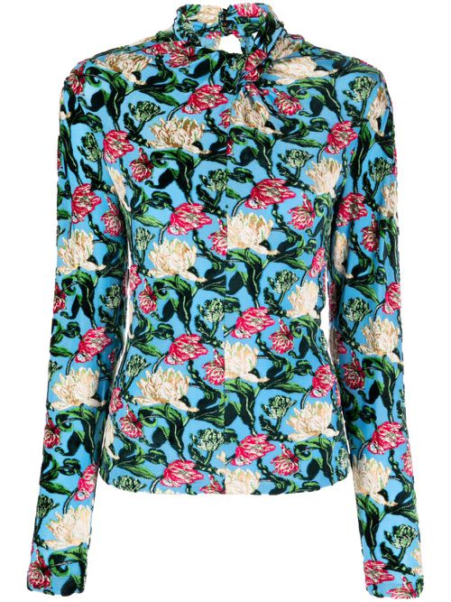 Floral-jacquard twist-neck top - Multicolour