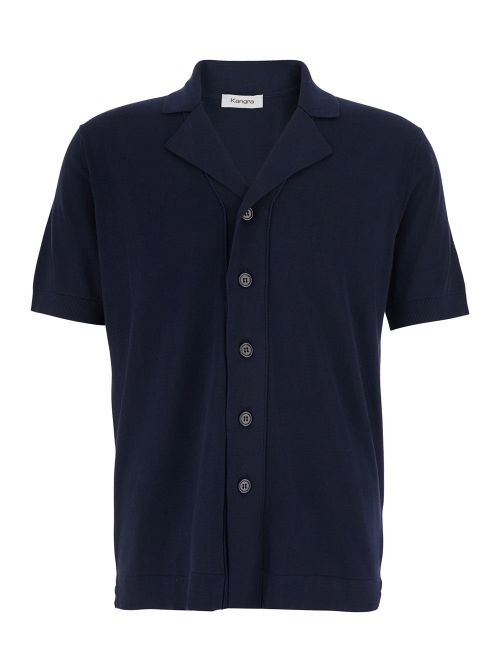 Notched Collar Cotton Shirt — Navy