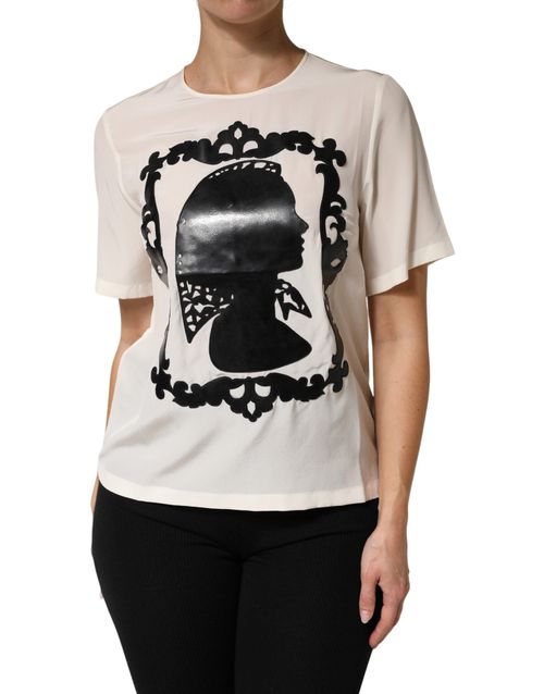 Silhouette-Print Silk Blouse — Beige