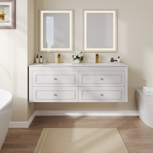 Juego de tocador de baño flotante de 1500 m con encimera de cerámica con doble lavabo bajo encimera y 4 cajones en blanco