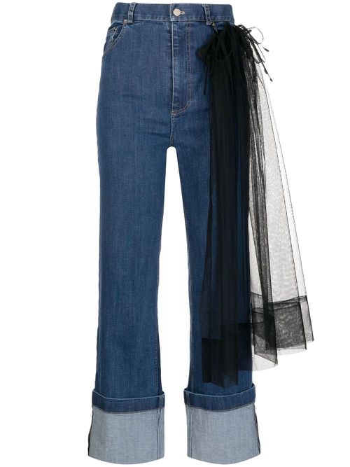 Tulle-panel cropped jeans - Blue