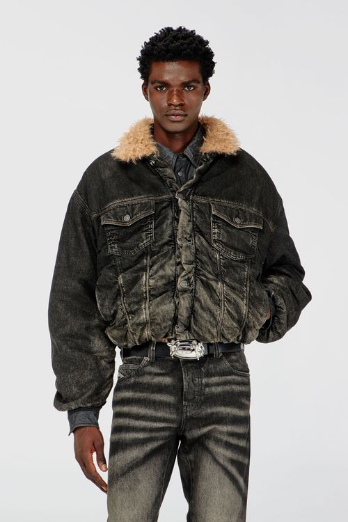 Teddy-lined trucker jacket in dirty-effect denim - Denim Jackets - Unisex - Black