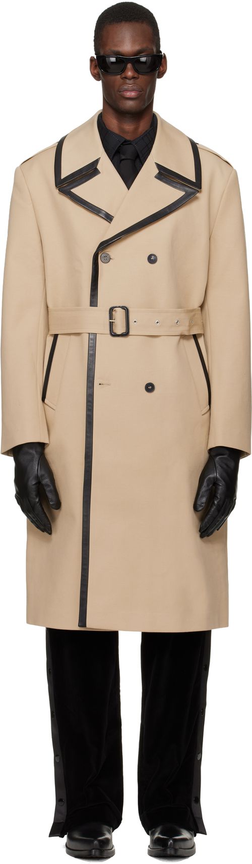 Beige Leather Trim Trench Coat