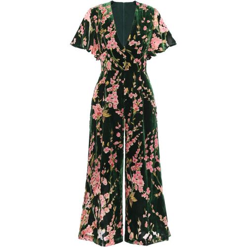 Retro Stage V-neck Floral Velvet Jumpsuit Dark Green