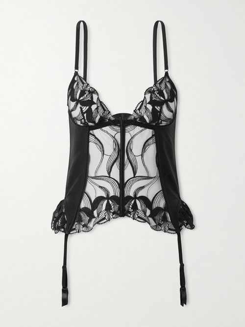Merry Widow Embroidered Tulle-paneled Stretch-silk Corset - Black
