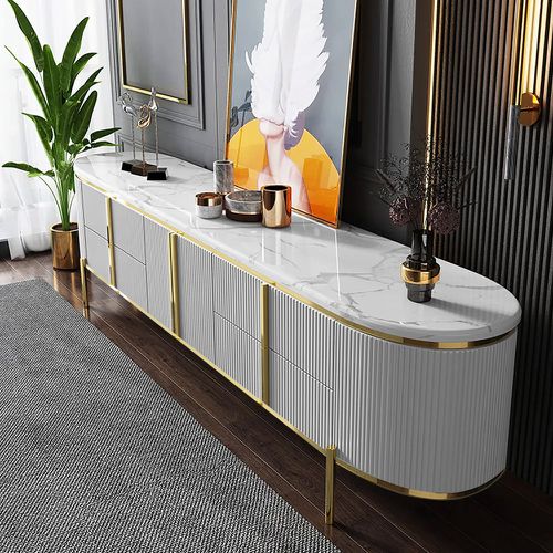 Gline Modern Oval TV Stand White Marble Top with Drawers & Storage for 2159mm TV