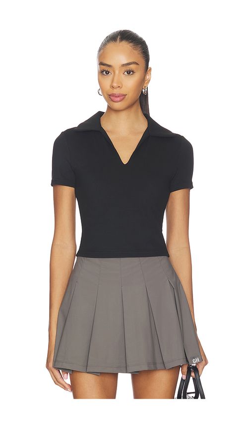 Gold Hinge Preppy V-neck Polo Top in Black. M. Also in L, S