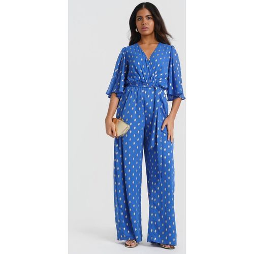 Needs No Label Women's Blue Foil Angel Sleeve Jumpsuit