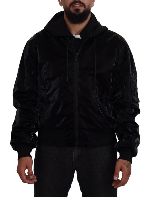 Nylon Hooded Full-Zip Bomber Jacket — Black