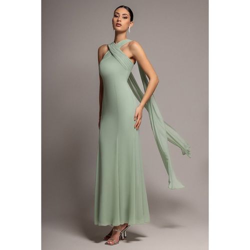Goddiva Cross Front Scarf Back Chiffon Mermaid Maxi Dress - Sage Green