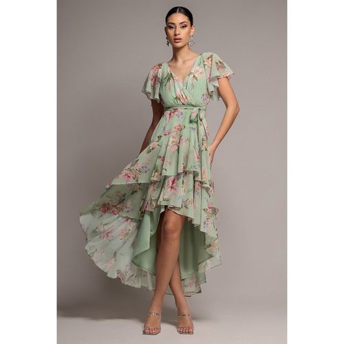 Goddiva Flutter Sleeve Chiffon Midaxi Wrap Dress - Sage Green