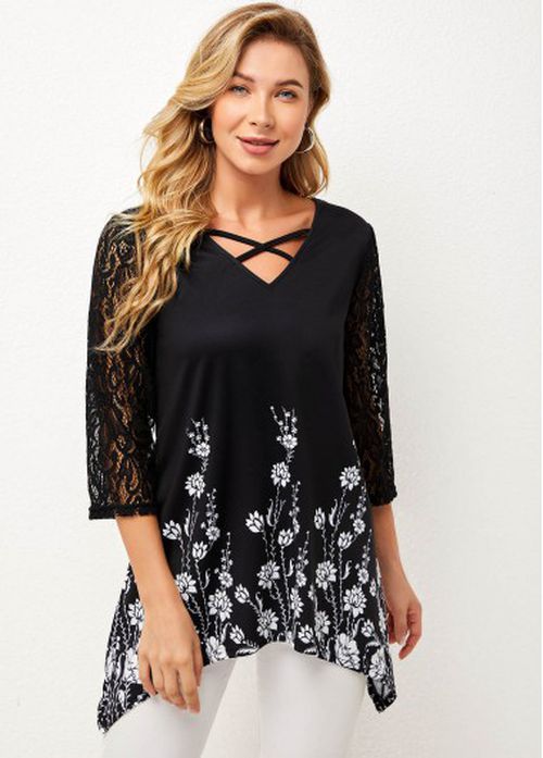 Modlily Lace Stitching Asymmetric Hem Black T Shirt