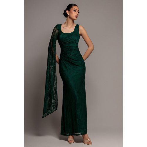 Goddiva One Shoulder Cape Sleeve Pleated Lace Maxi Dress - Emerald Green