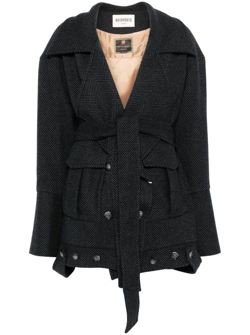 Herringbone-patterned coat - Black