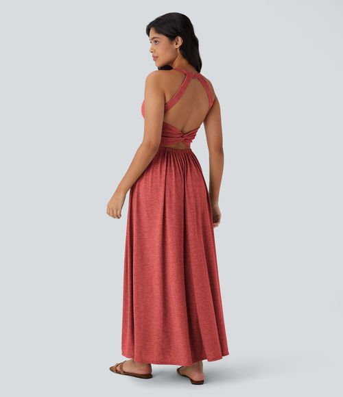 Twisted Backless Split Flowy Maxi Resort Dress with Pockets Casual Dress - Poinsettia Floral Yarn