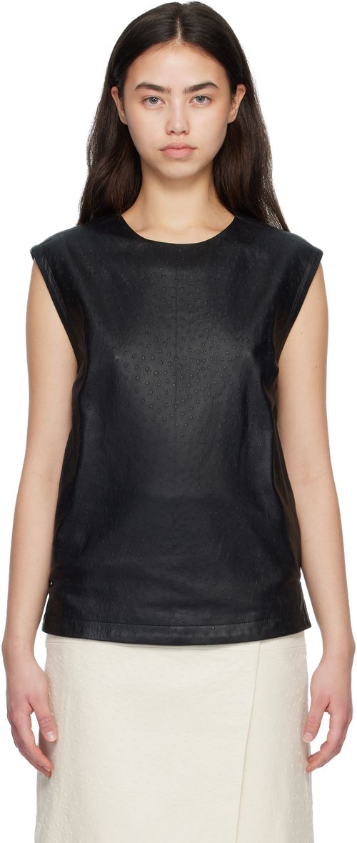 Black FIZA Ostrich-Effect Leather Blouse