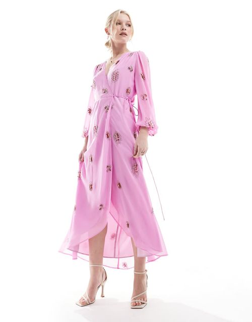 Hope & Ivy embellished wrap dress with tie waist and blouson sleeve in pink