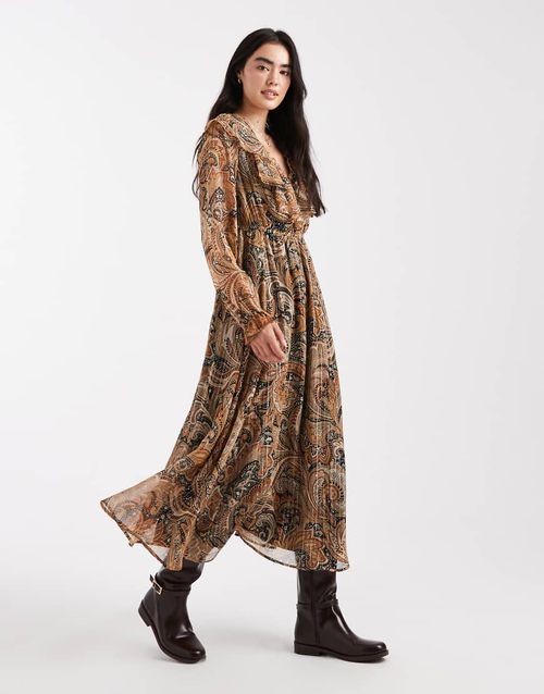 Paisley chiffon long sleeve midi dress in brown