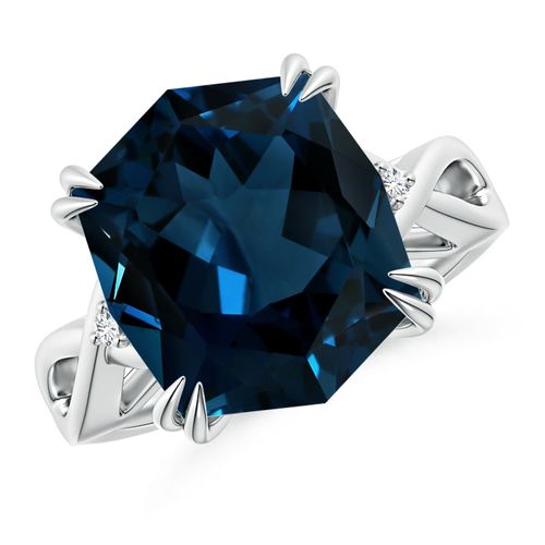 Angara 9.18 Carats GIA Certified Cushion Rectangular London Blue Topaz Crossover Ring with Diamond Accents in Platinum