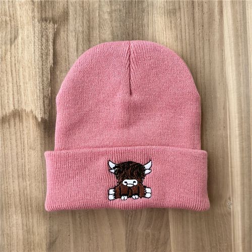 TEMU Unisex Highland Cow Embroidered Beanie, Winter Farm Warm Knit Beanie
