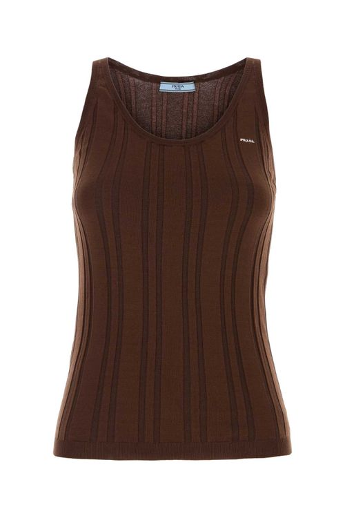 Ribbed Cotton-Nylon Knit Tank Top — Brown