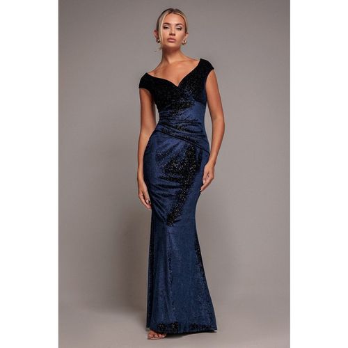 Goddiva Shimmer Velvet Bardot Maxi Dress - Navy