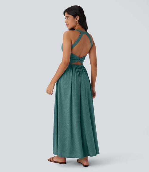 Pocket Flowy Maxi Dress Casual Dress - Jade Green Floral Yarn