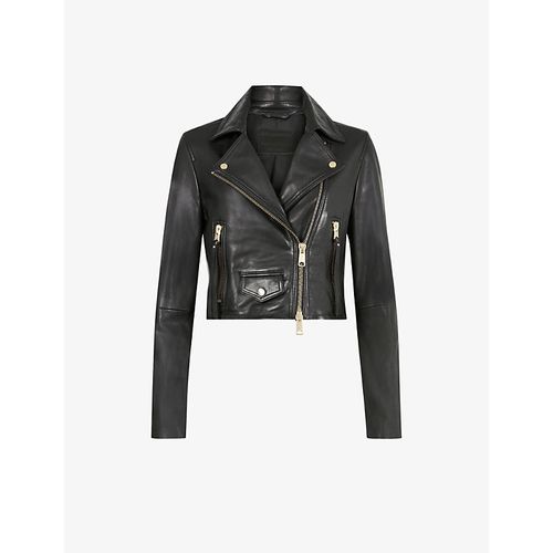 Womens Black Elora Cropped Leather Biker Jacket
