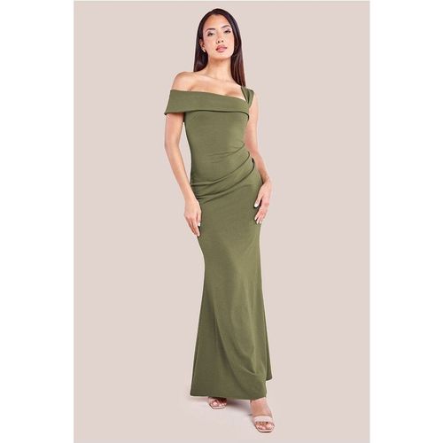 Goddiva Off The Shoulder Pleated Waist Maxi Dress - Khaki