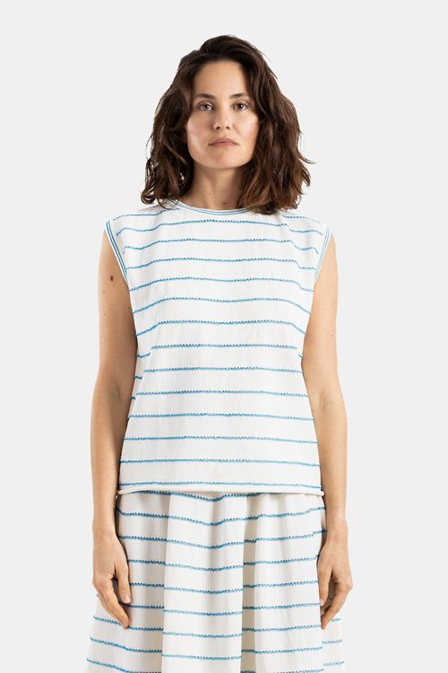 Wavy Striped Embroidered Knit Tank Top — Ecru