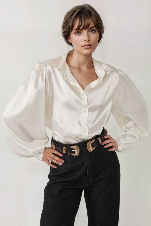 White Satin Weave Long Baloon Sleeve Shirt Women