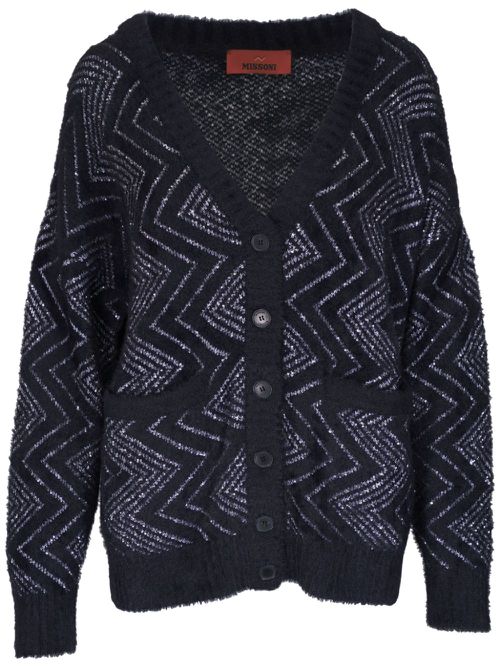 Zigzag-woven buttoned cardigan - Black