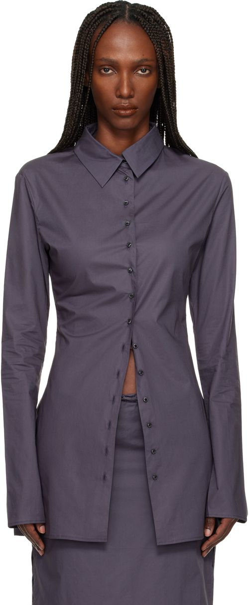 Gray Cotton Poplin Fitted Cuffless Shirt