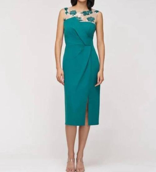 Adelaide Illusion-Yoke Sheath Dress In Dark Green