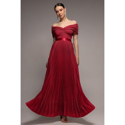Goddiva Bardot Pleated Skirt Maxi Dress - Wine
