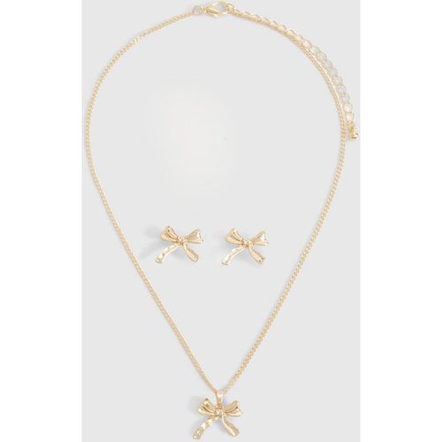 Womens Mini Bow Detail Necklace & Earring Set - Gold - One , Gold