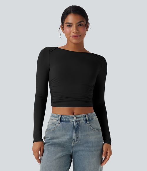 Boat Neck Long Sleeve Ruched Cropped Casual Top Tank Top - Black