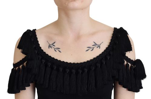 Tassel Cold-Shoulder Cotton Tank Top — Black