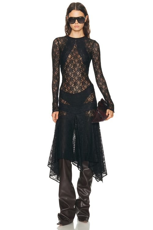 THE ATTICO Long Sleeve Lace Midi Dress in Black - Black. 40 also
