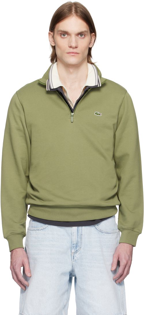 Lacoste Khaki High-Neck Zip-Up Fleece Sweatshirt