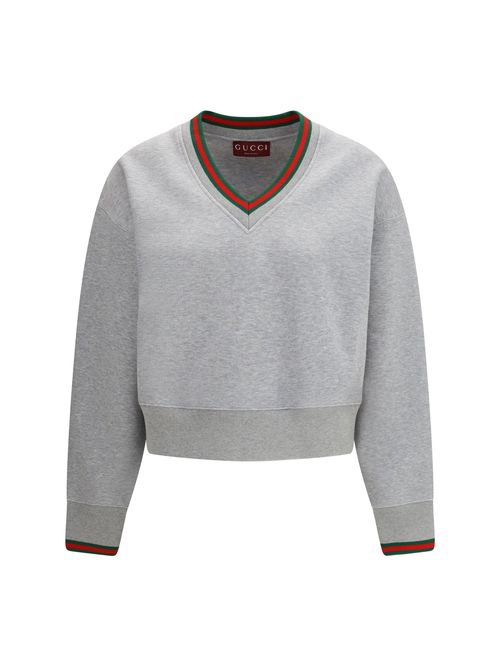 Web-Trimmed Cotton Jersey Sweatshirt — Gray