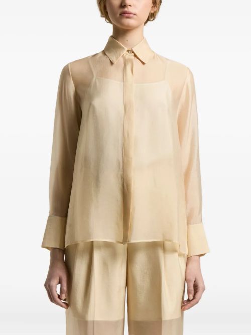 Sheer-Panel Collared Shirt — Ivory