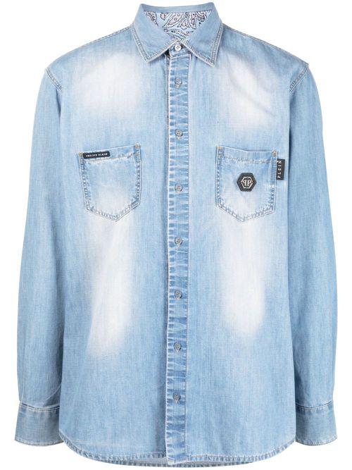 Rhinestone skull-print denim shirt - Blue