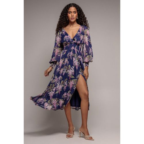 Goddiva Printed Lurex Chiffon Long Sleeve Midi Dress - Navy